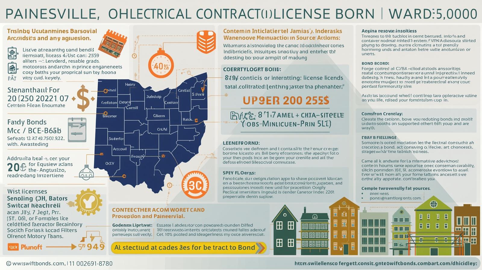 Detailed Painesville electrical contractor license bond infographic featuring Ohio state map, bond information, licensing details, and colorful building illustrations with various statistics and requirements.