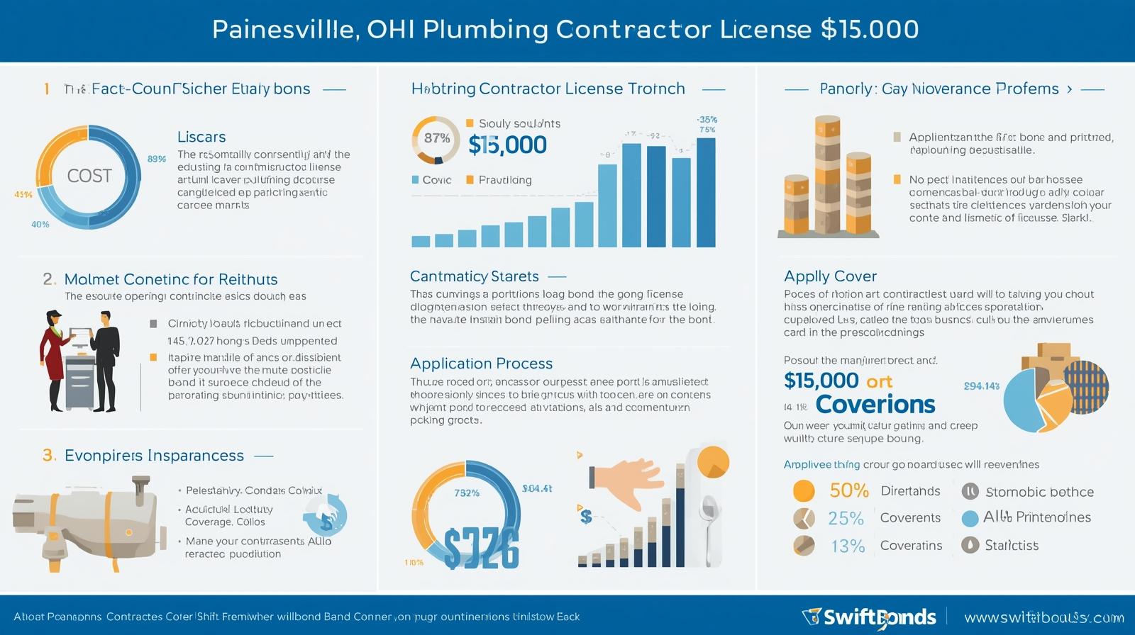 Infographic showing Painesville, OH plumbing contractor license information with ,000 cost breakdown, licensing process steps, and coverage details displayed in charts and graphs.