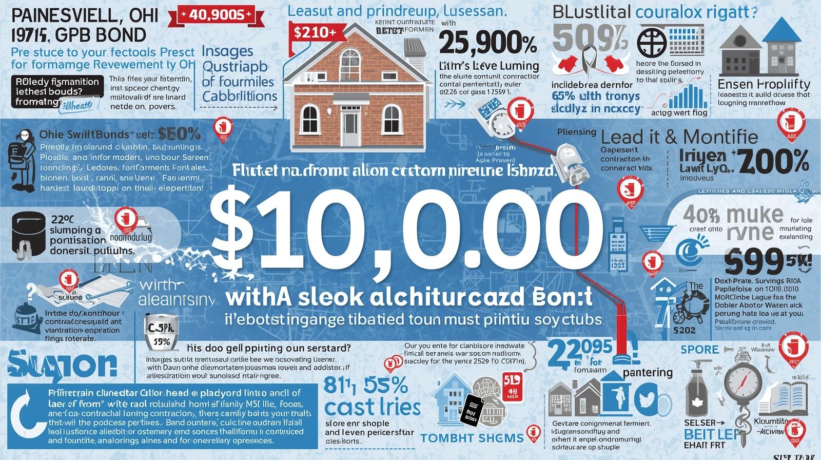Cluttered promotional graphic for a ,000 Painesville, OH bond with mixed text, percentages, house illustration, and various scattered financial and licensing information.