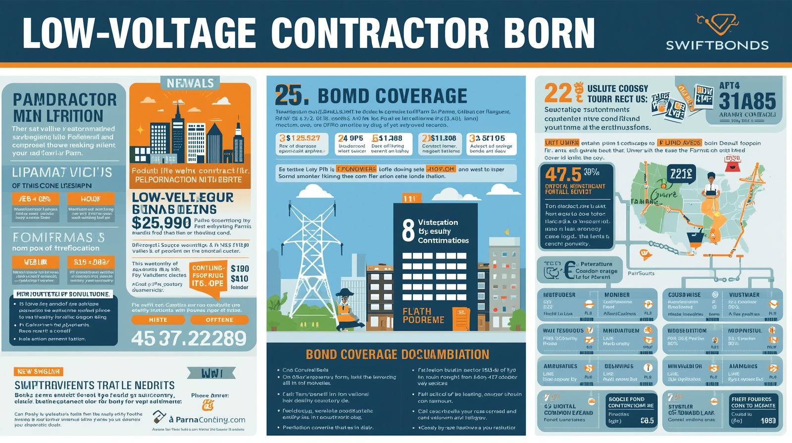 Comprehensive infographic about low-voltage contractor bonds featuring building illustrations, coverage statistics, financial breakdowns, and regulatory information with SwiftBonds branding in the top right corner.
