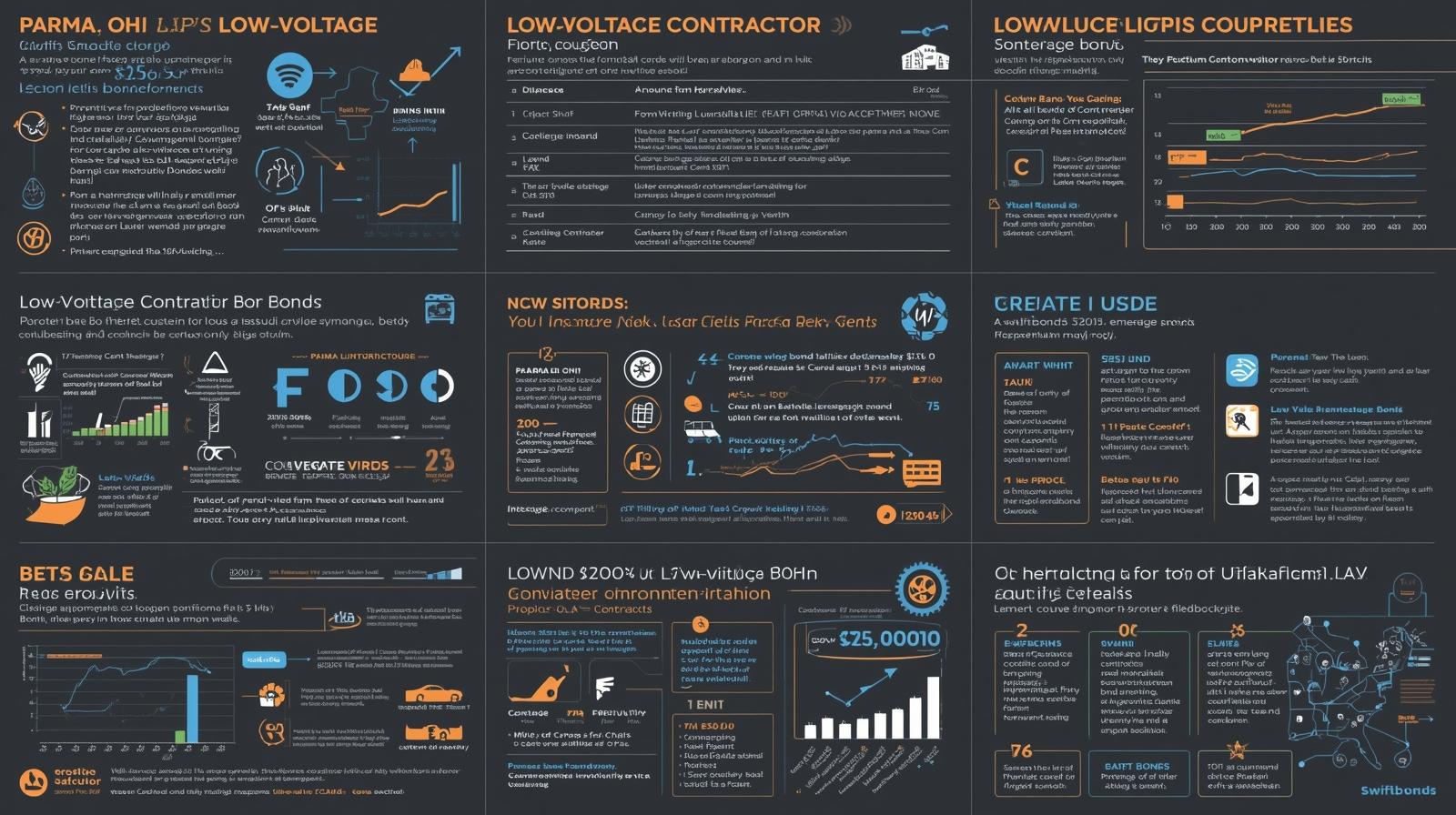 Multi-panel infographic displaying low-voltage contractor bond information for Parma, Ohio including financial data, charts, regulatory details, and bond coverage statistics in a dark theme layout.