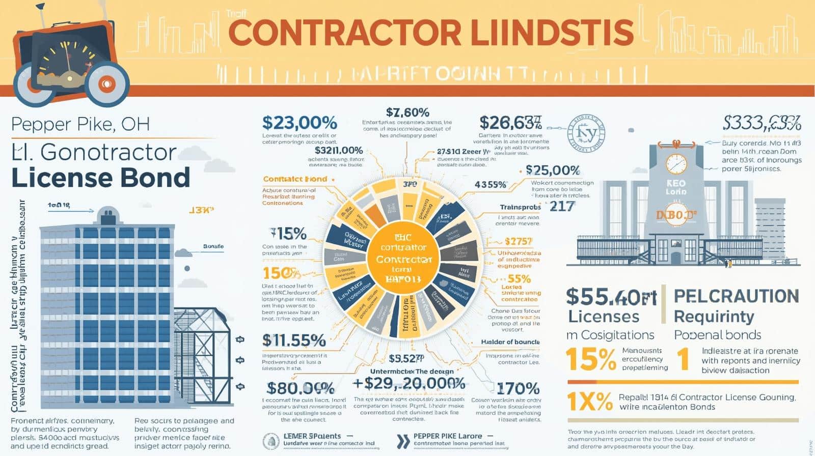 Pepper Pike contractor license bond infographic with cost breakdown, percentages, and compliance details.
