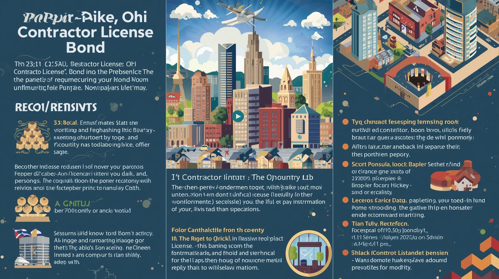 Pepper Pike, OH Contractor License Bond infographic with illustrations of city buildings and licensing details.