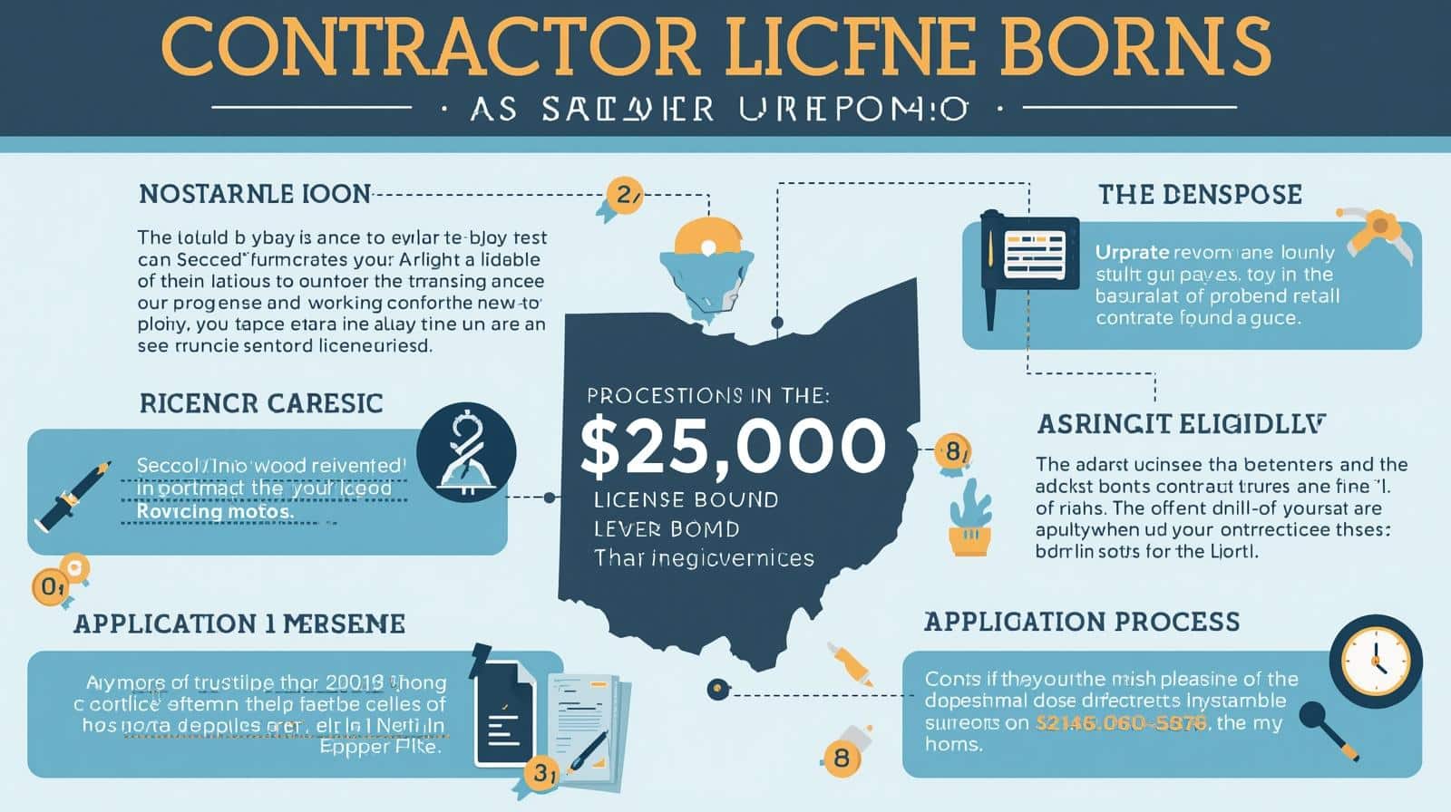 Contractor license bond infographic highlighting ,000 bond requirement and application process.
