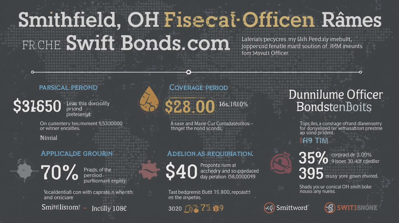 Smithfield, OH Fiscal Officer Bond compliance graphic highlighting costs, coverage, and eligibility factors.