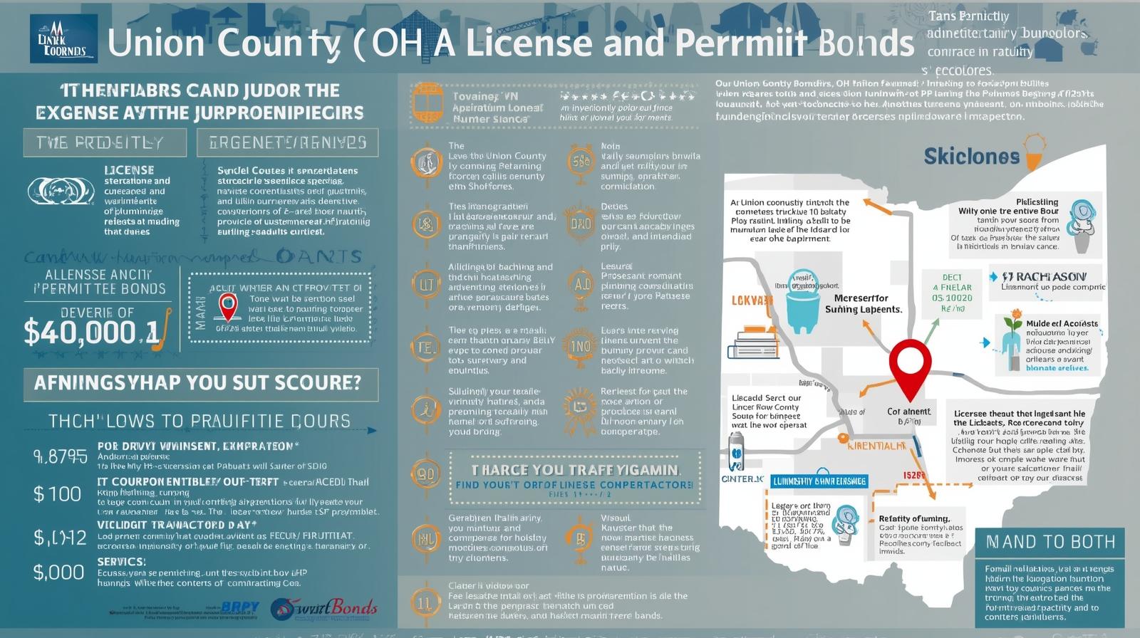 Visual overview of Union County, OH license and permit bonds with eligibility, coverage details, and regional map.