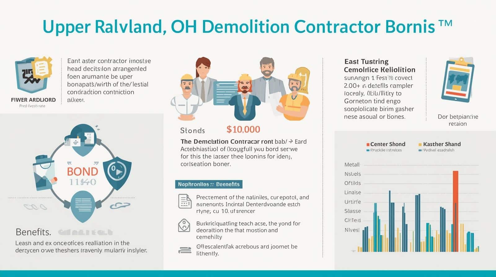 Visual guide showing benefits, bond amount, and requirements for Upper Arlington, OH demolition contractor licensing.