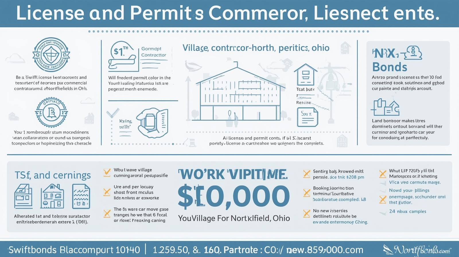 Infographic outlining Village of Northfield, OH commercial license and permit bond conditions, benefits, and enforcement details.
