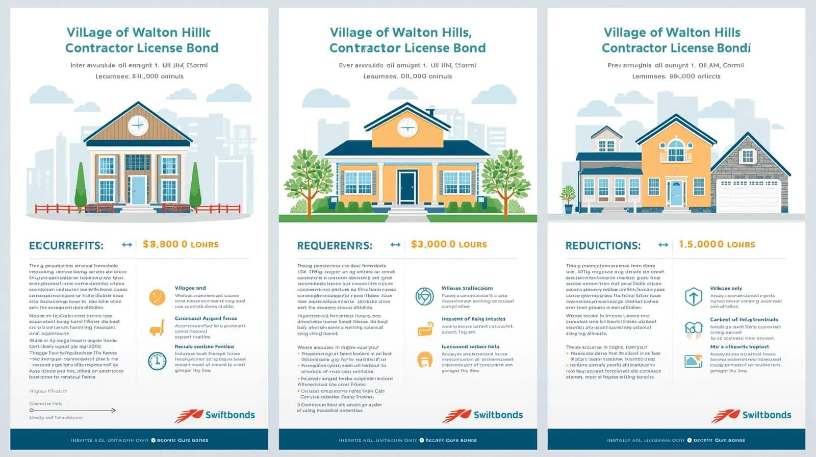 Three-column infographic detailing Village of Walton Hills contractor license bond costs, requirements, and reductions with house illustrations.