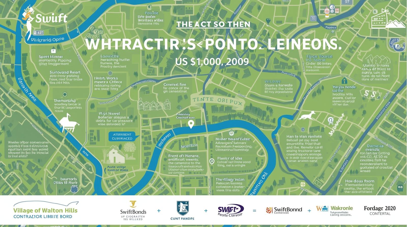 Illustrated map-style infographic highlighting Village of Walton Hills contractor license bond requirements with icons and landmarks.