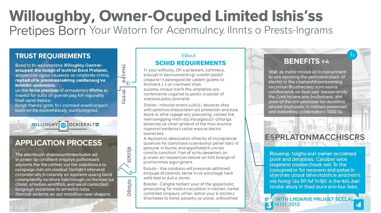 Infographic describing trust requirements, application process, and benefits for the Willoughby electrical owner-occupied limited premises bond.