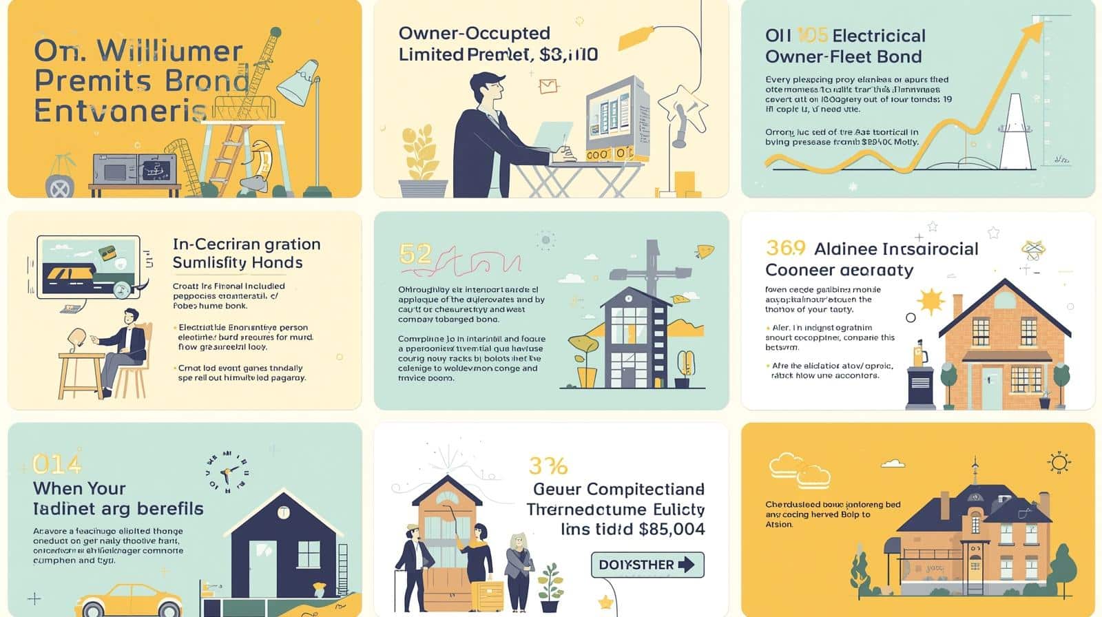 Infographic showing owner-occupied limited premises bond details with graphics of houses, bonds, and financial statistics.