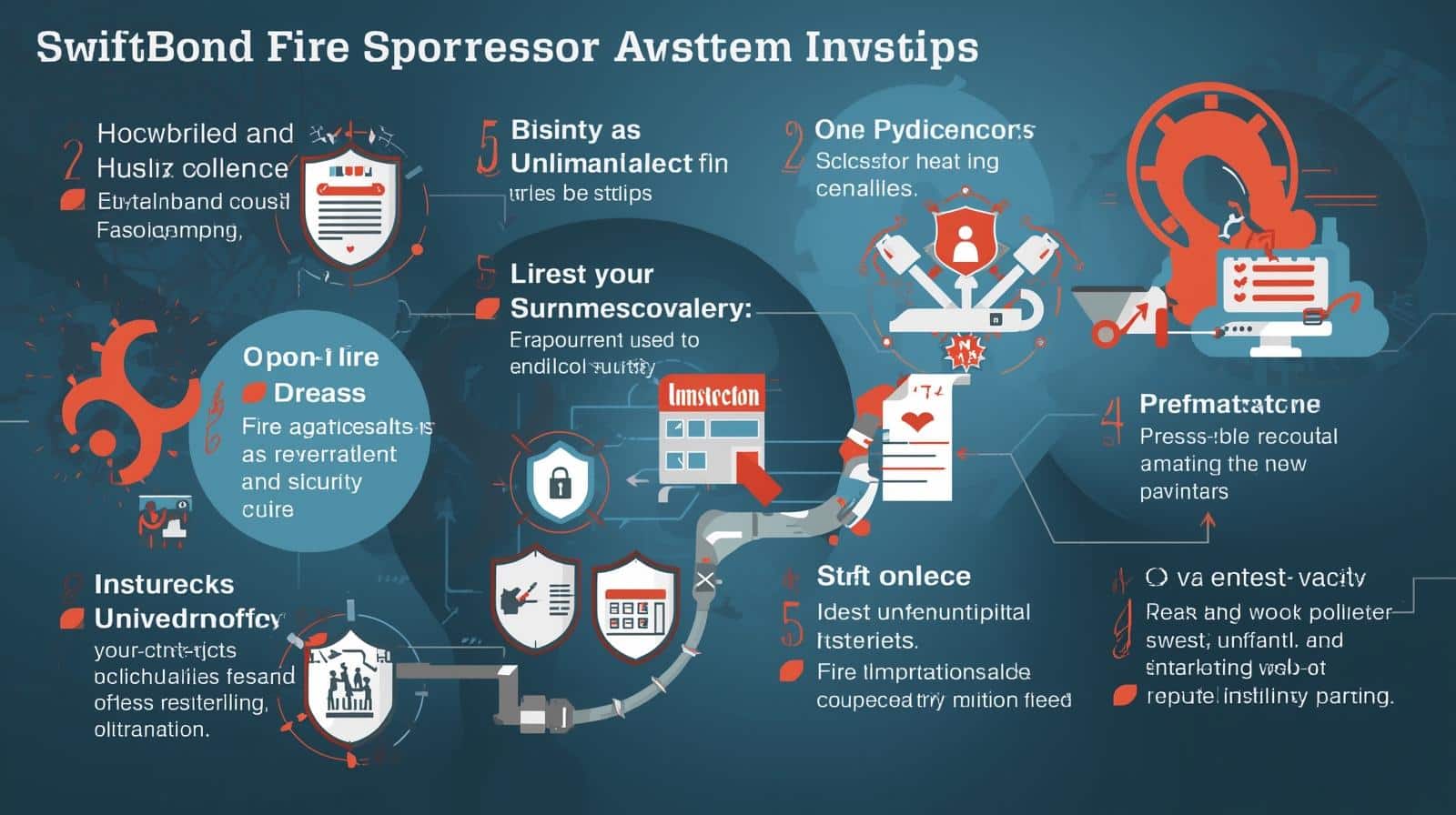 Visual guide titled “SwiftBond Fire Suppressor System Insights” with red and blue icons representing safety and compliance processes.