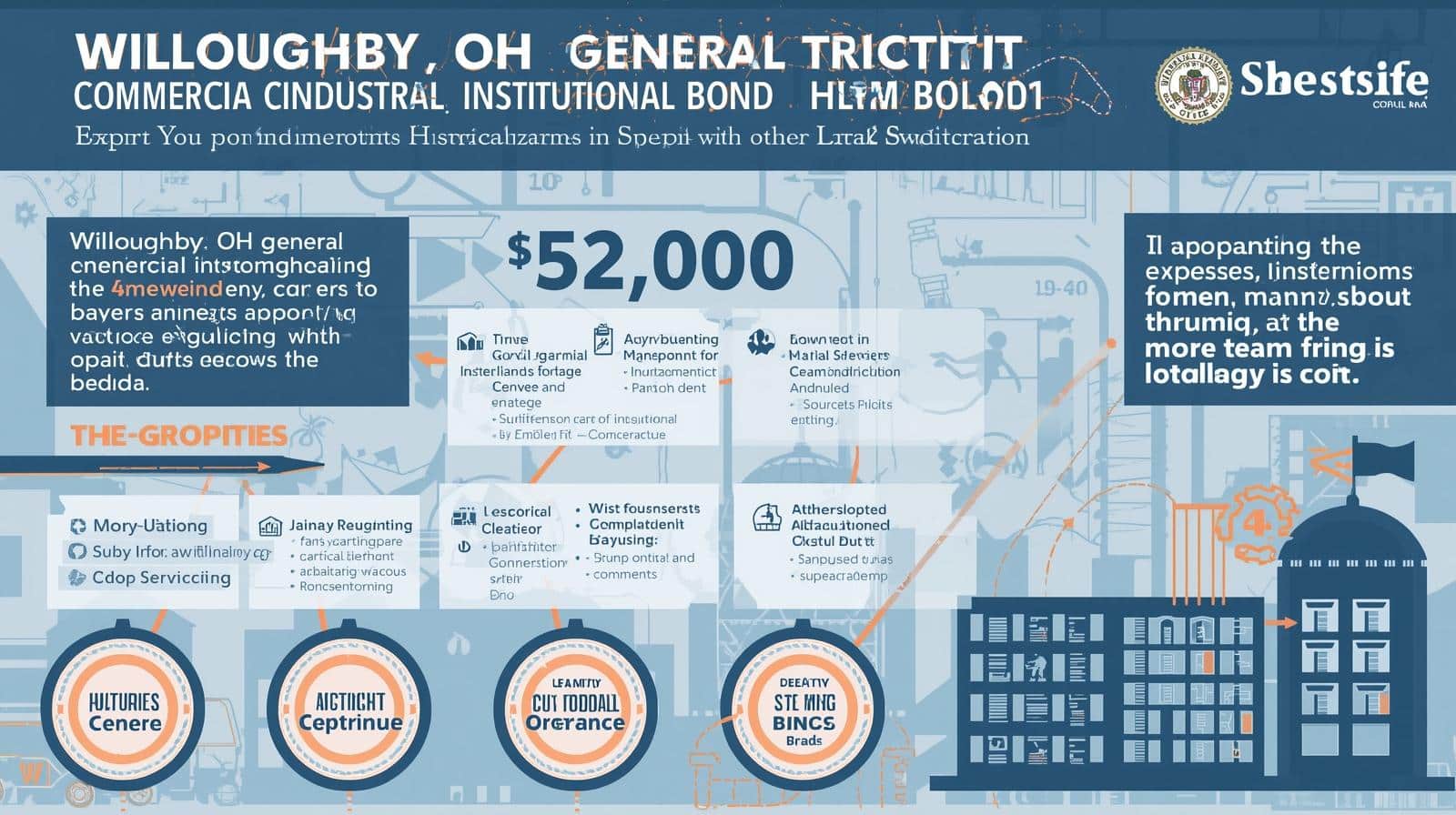 Visual breakdown of Willoughby, OH general construction bond benefits and ,000 bond details with institutional and industrial focus.