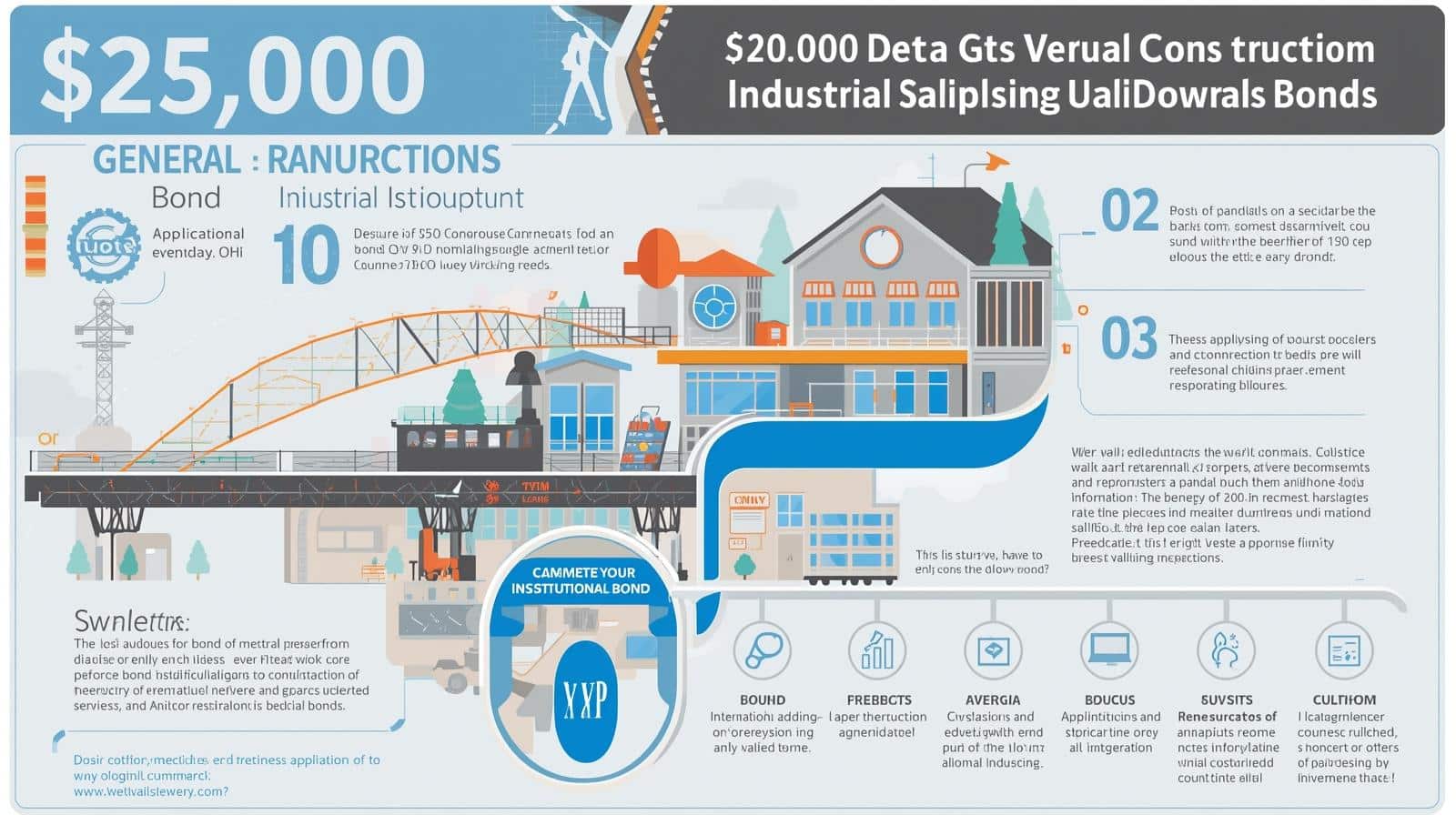 Illustration highlighting the ,000 general construction bond for industrial projects in Willoughby, OH, with diagrams of buildings and requirements.