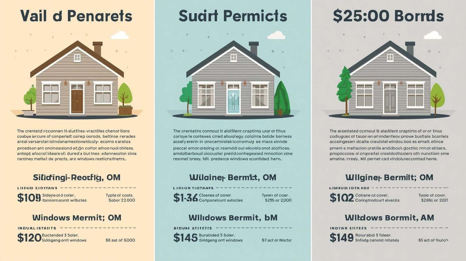 Infographic comparing siding, roofing, and windows permit bonds with cost breakdowns and licensing details.