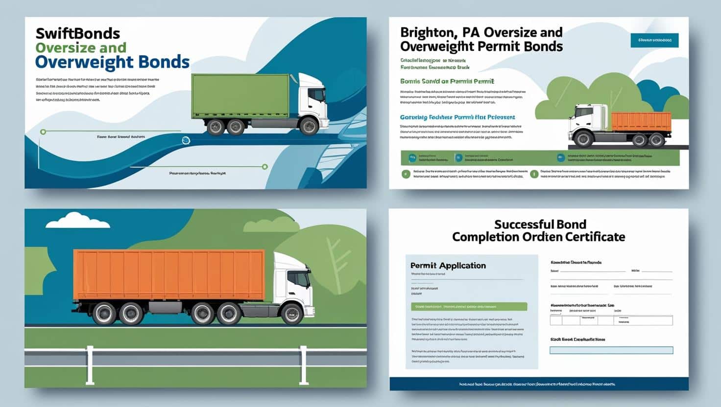 Illustrated guide on Swiftbonds oversize and overweight bonds, application process, and bond completion certificate.