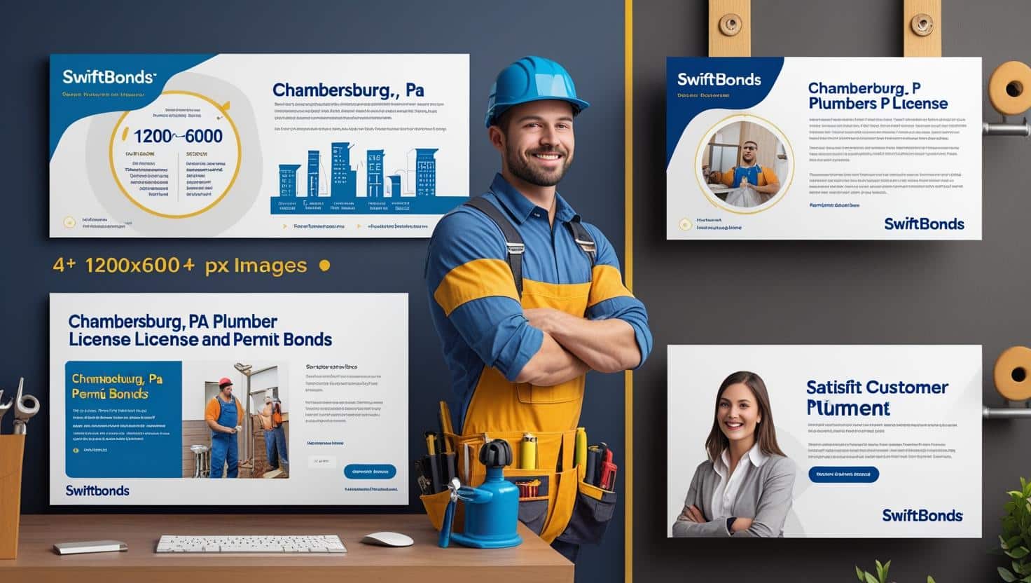 Infographic and promotional visuals highlighting Chambersburg, PA plumber license and permit bond details with contractor imagery.