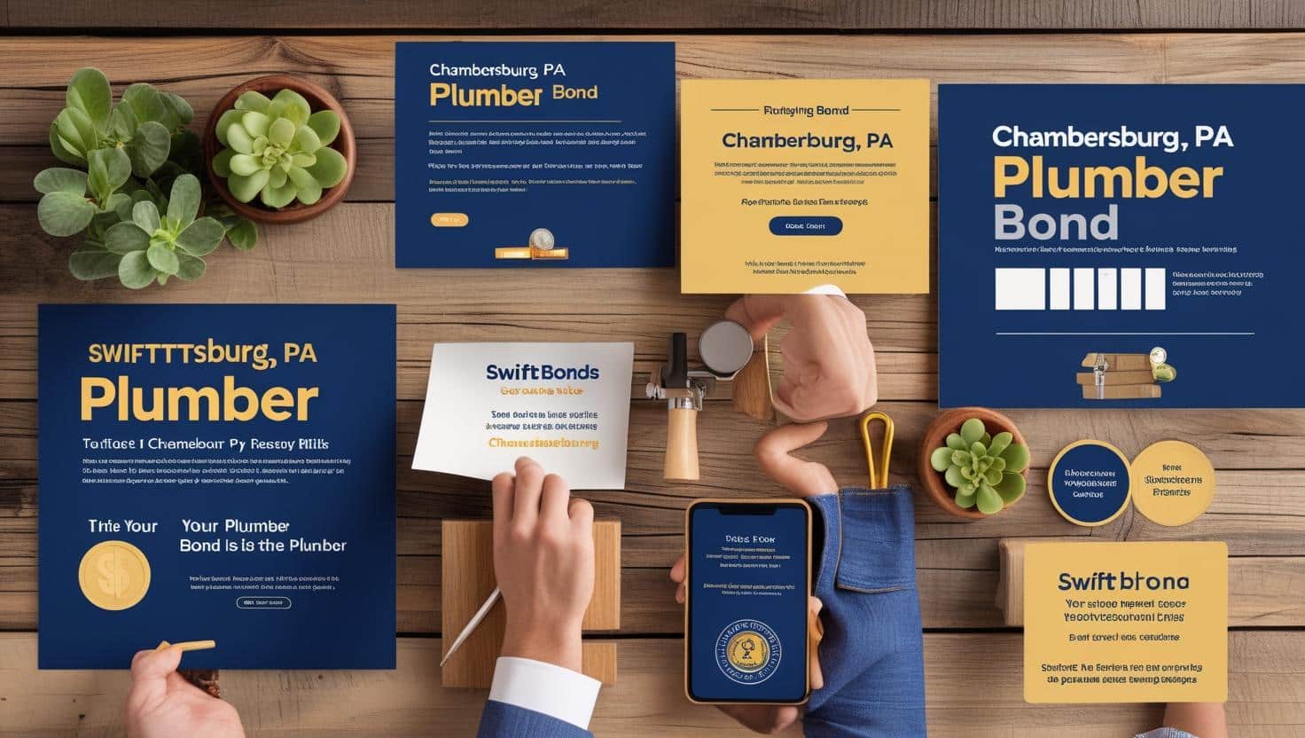 Top-down workspace layout featuring Chambersburg, PA plumber bond marketing materials and tools.