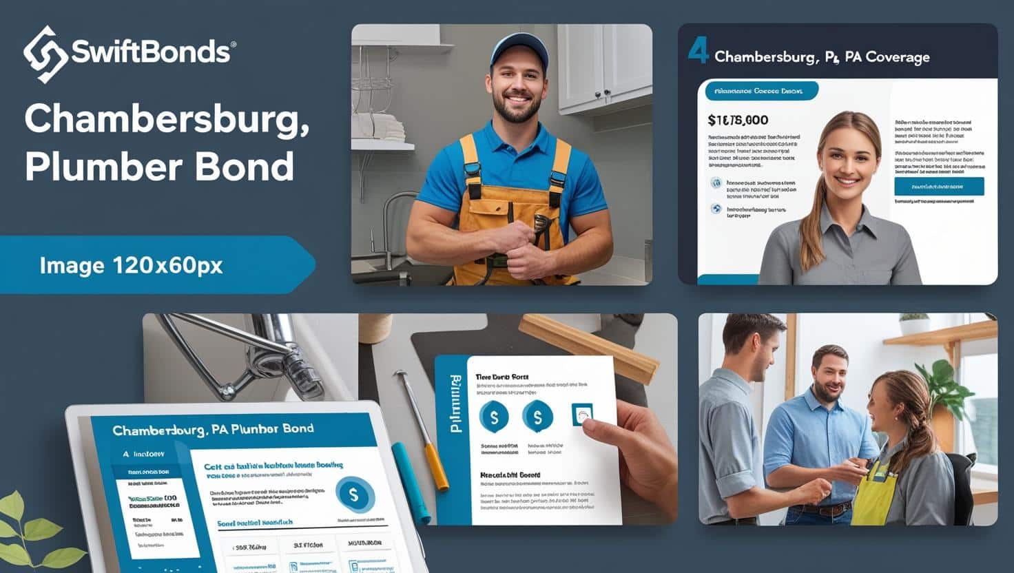 Collage of Chambersburg, PA plumber bond images with contractors, clients, and bond coverage details.