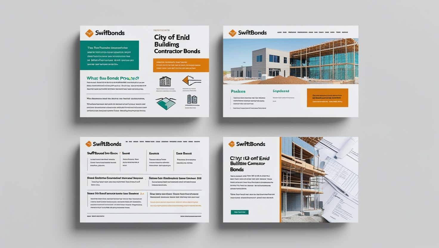 Web page mockups for SwiftBonds’ City of Enid Building Contractor Bonds featuring modern construction projects.