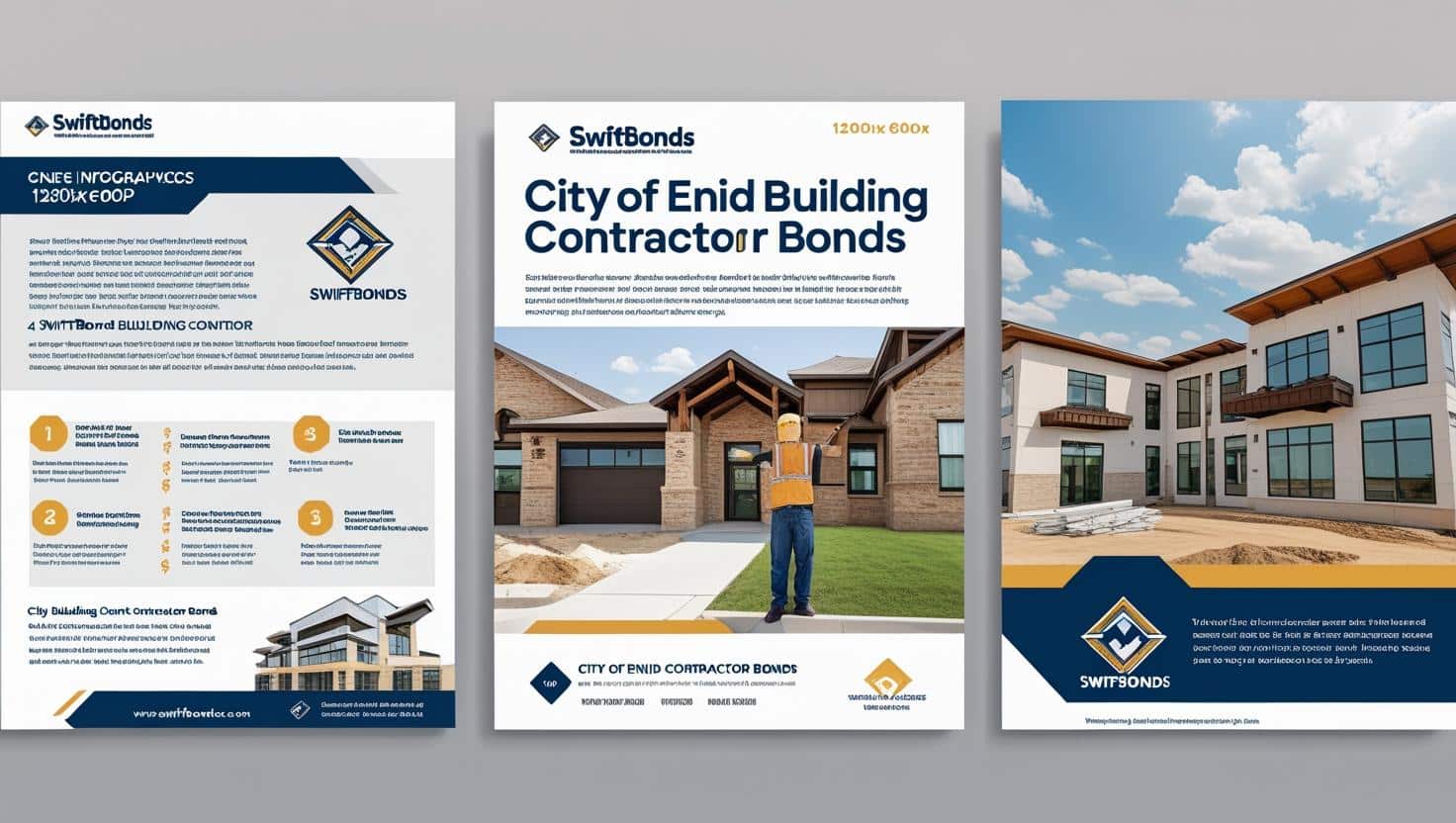 Marketing brochure for SwiftBonds promoting City of Enid Building Contractor Bonds with images of residential and commercial properties.