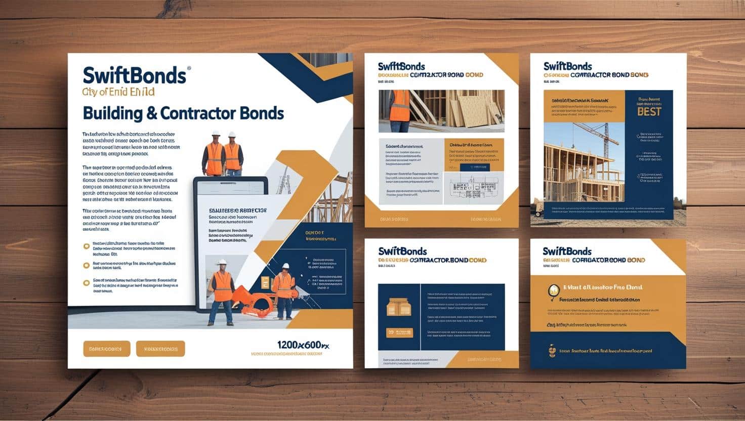Graphic set for SwiftBonds highlighting City of Enid Building and Contractor Bonds with construction workers and project images.