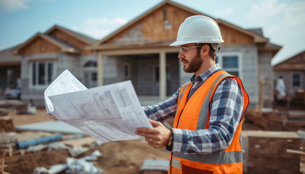 Residential contractor inspecting building plans at a job site while meeting City of Sioux Falls, SD Compliance Bond and code compliance requirements.