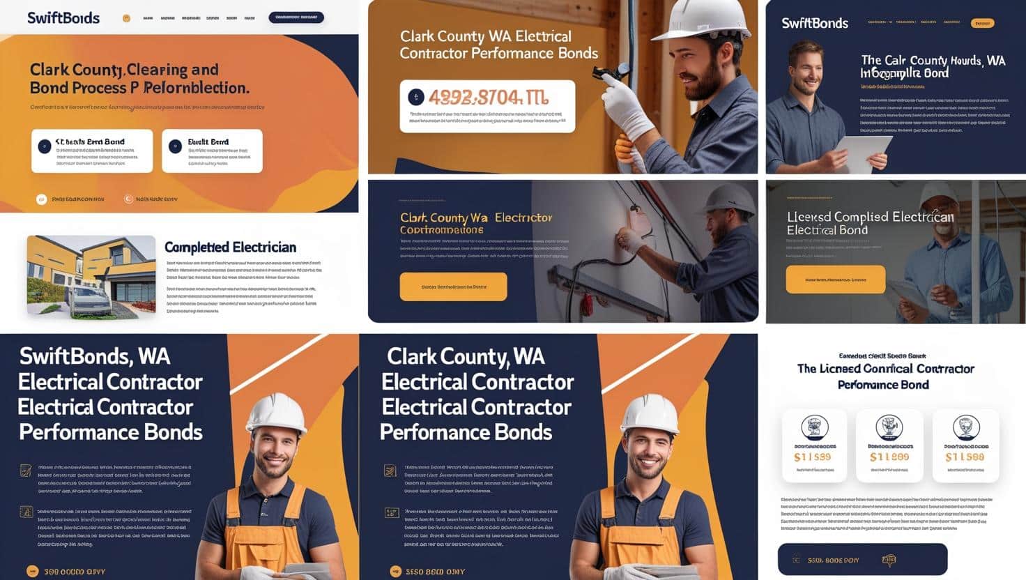 Web-style layouts showing the bond application/process, completed electrician imagery, and pricing blocks for Clark County, WA.