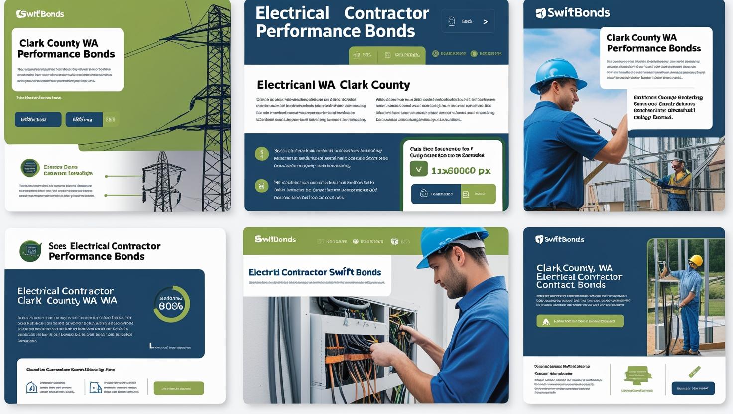 Collage of SwiftBonds layouts promoting Clark County, WA electrical contractor performance bonds with utility towers and on-site electricians.