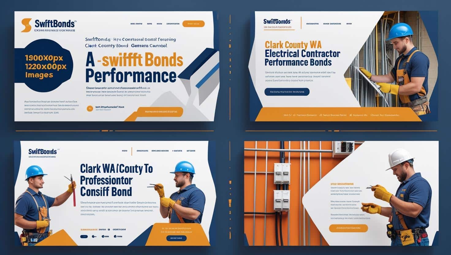 Blue-orange banner set featuring electricians wiring panels and headlines for Clark County, WA electrical contractor performance bonds.