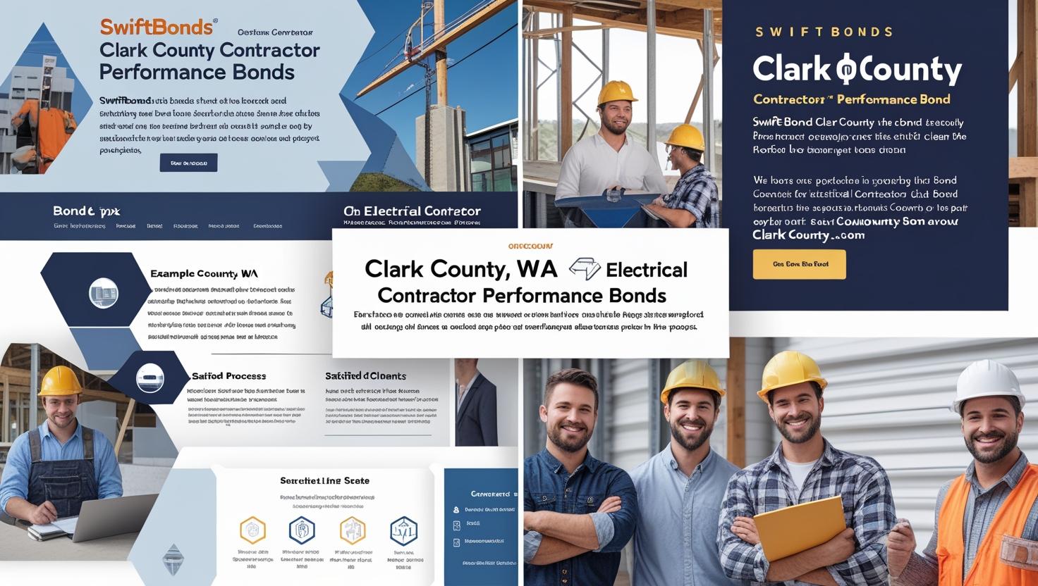 Marketing collage with hard-hat contractors, bond process graphics, and “Clark County, WA Electrical Contractor Performance Bonds” callouts.