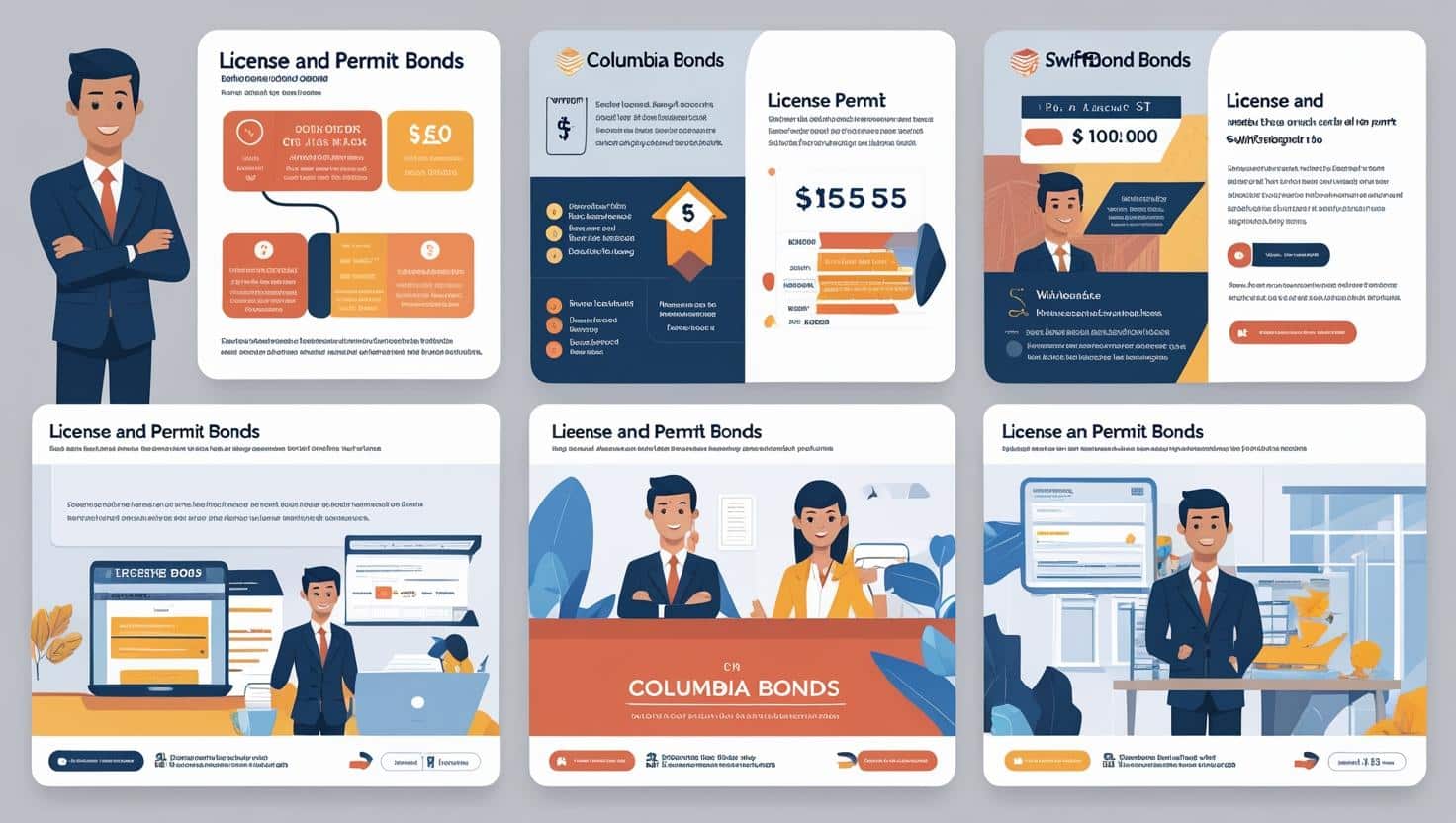 Collage of illustrated tiles showing Columbia, SC license and permit bonds with business professionals, pricing graphics, and online application scenes.