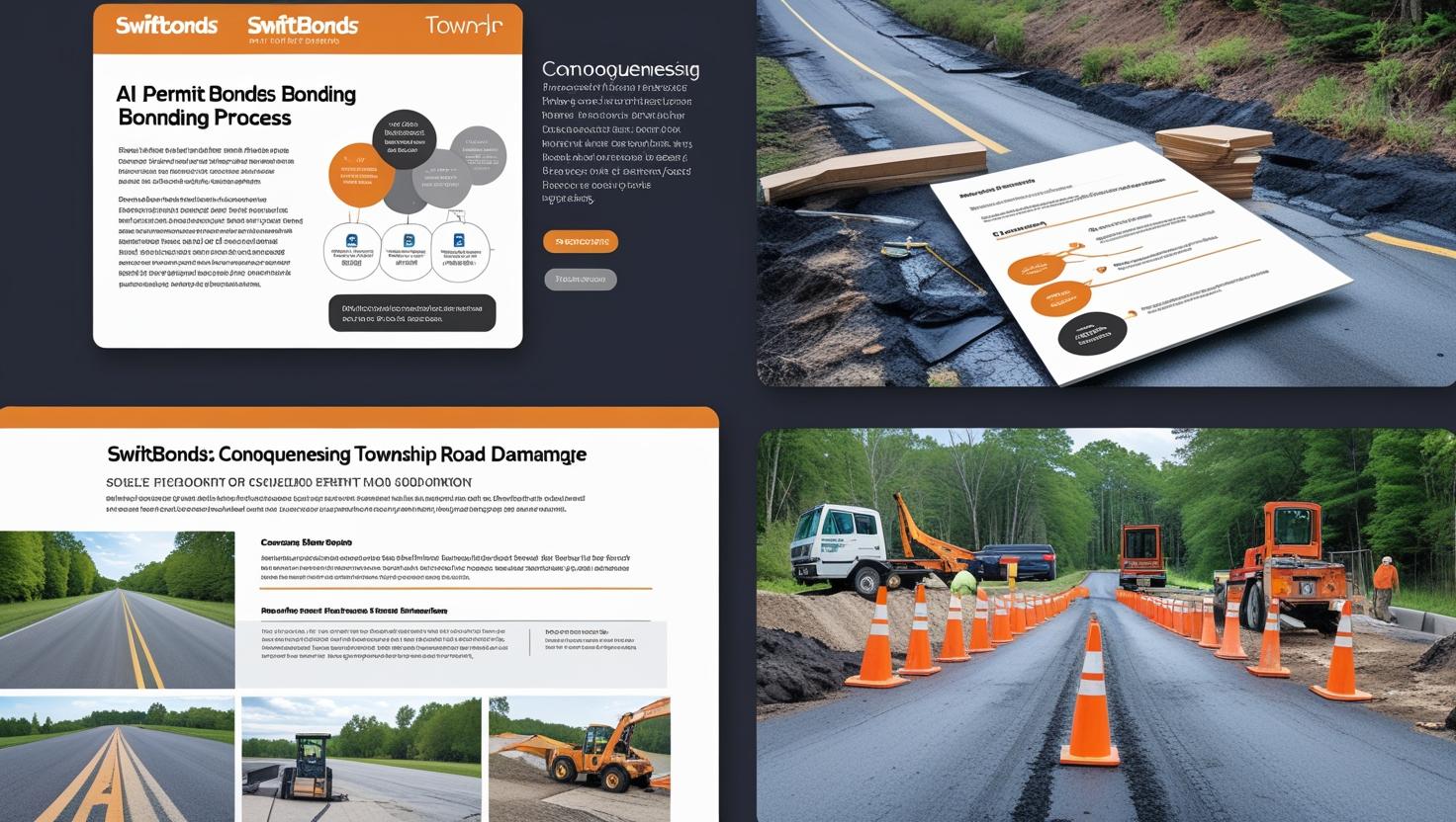Road repair and construction visuals illustrating Connoquenessing Township Road Damage Permit Bond enforcement.