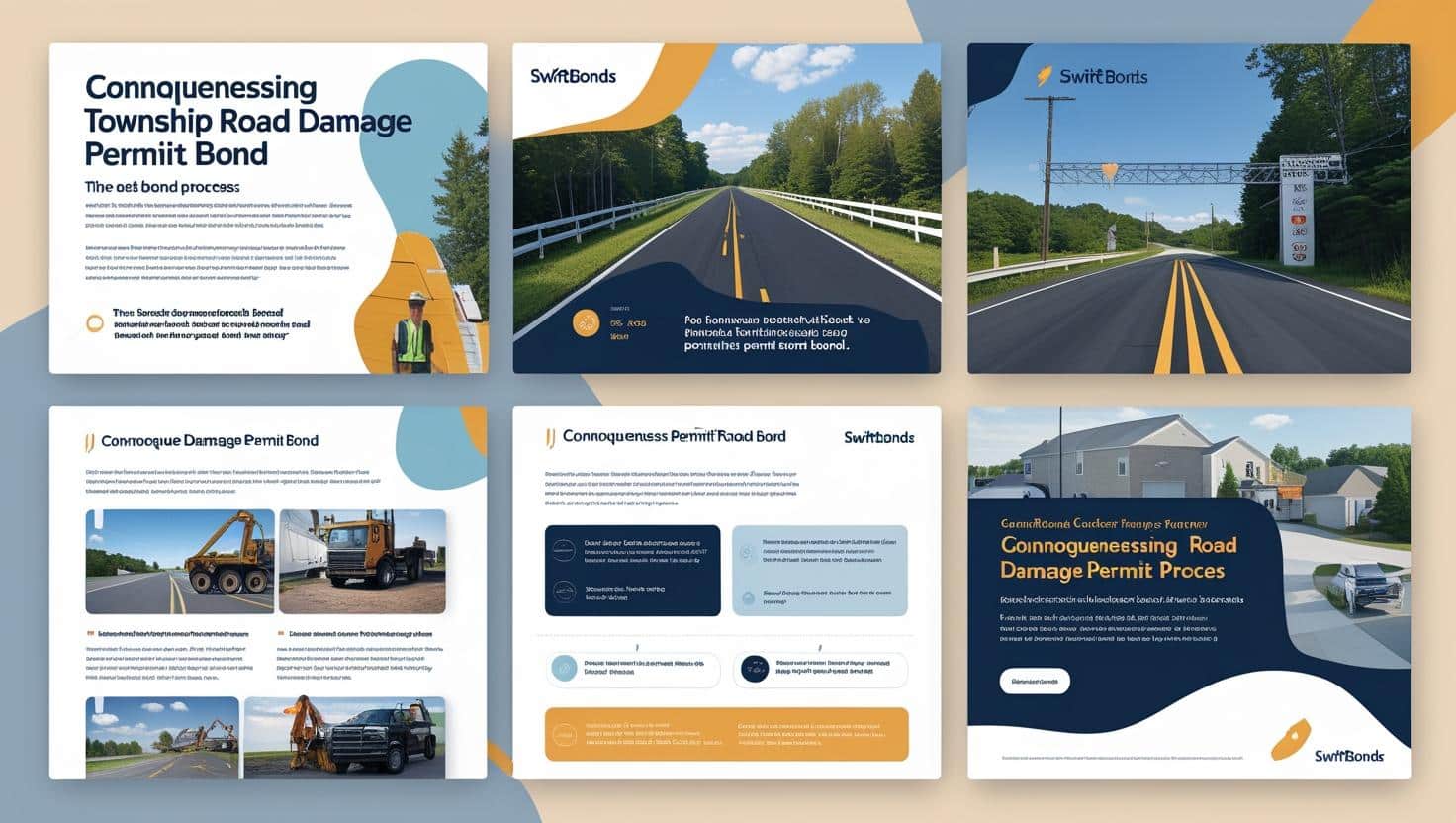 Infographic and road visuals explaining Connoquenessing Township Road Damage Permit Bond process.