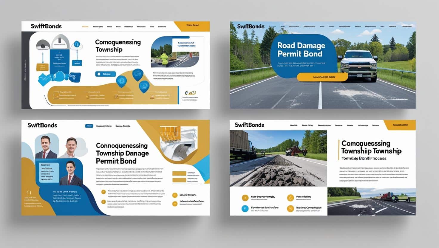 Swiftbonds web layouts showcasing Connoquenessing Township Road Damage Permit Bond requirements.