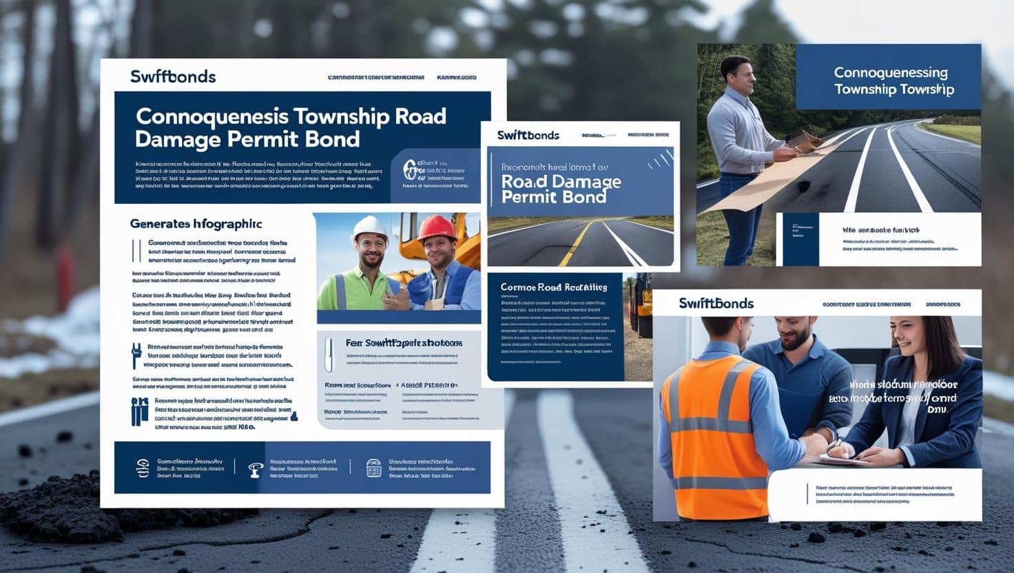 Roadwork bond infographic with construction workers and officials highlighting bonding compliance.