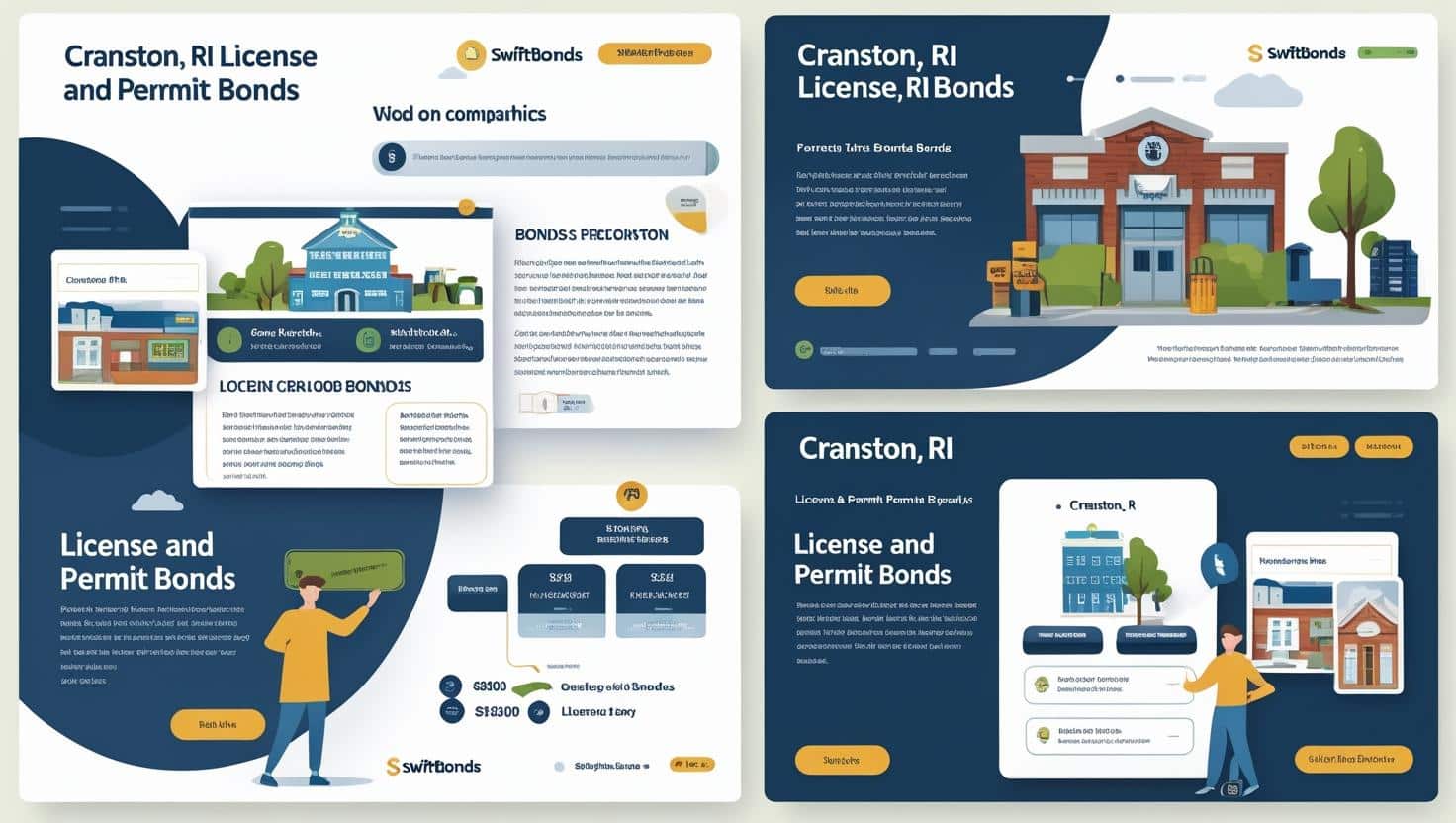Infographic-style webpage displaying Cranston, RI License and Permit Bonds with visuals of local buildings.