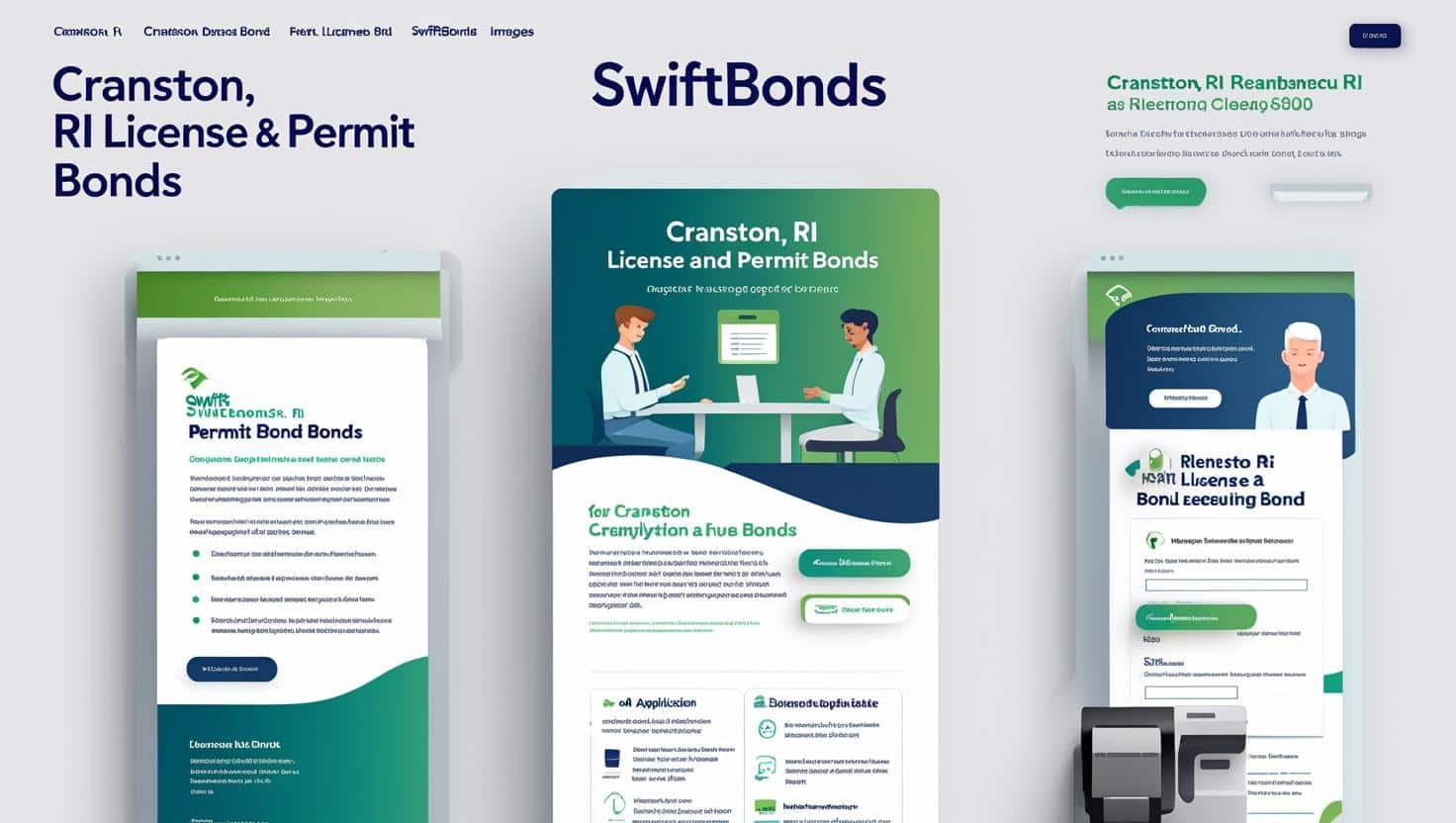 Website mockup showcasing SwiftBonds Cranston, RI License and Permit Bonds with illustrated professionals.