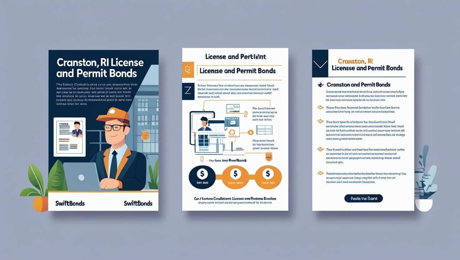Illustrated flyer highlighting Cranston, RI License and Permit Bonds with compliance details and bond benefits.