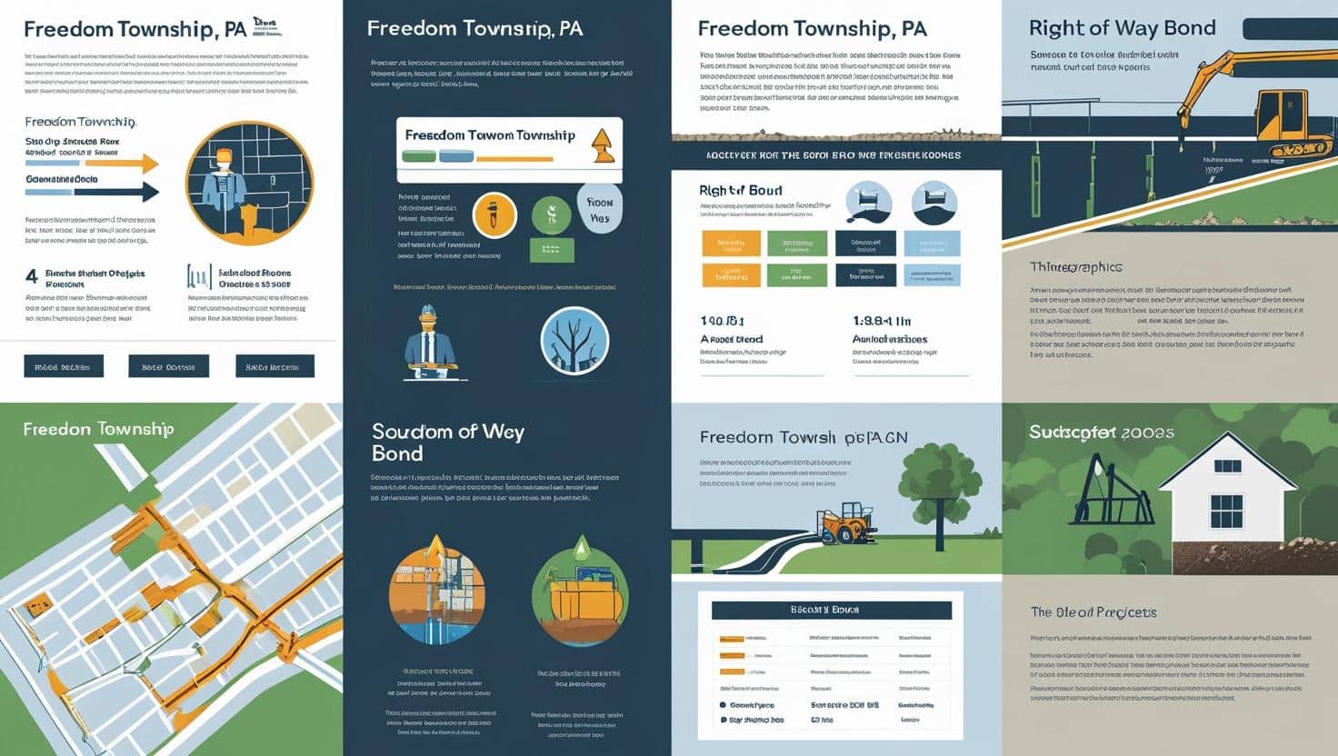 Illustrated guide showing Freedom Township, PA bond requirements with construction visuals.