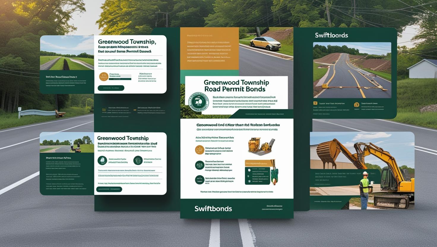 Detailed permit bond infographic showing Greenwood Township, PA road damage requirements with construction images.