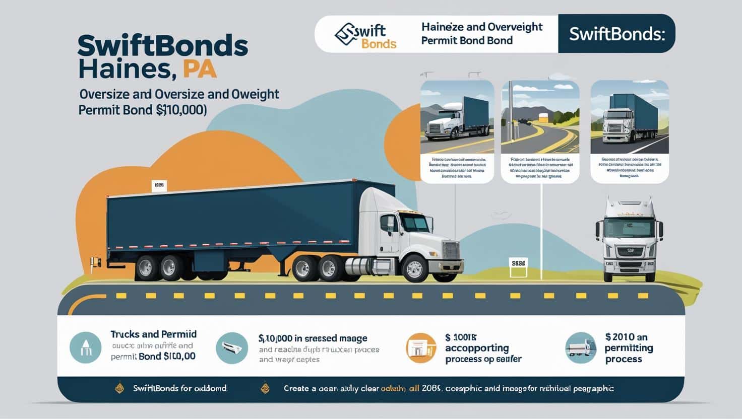 Illustrated infographic highlighting Haines, PA Oversize and Overweight Permit Bond benefits and permitting process.