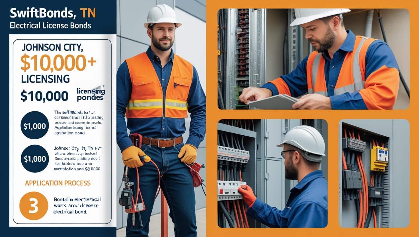 Infographic and photos of electricians in safety gear working with electrical panels for Johnson City, TN ,000 electrical license bonds.
