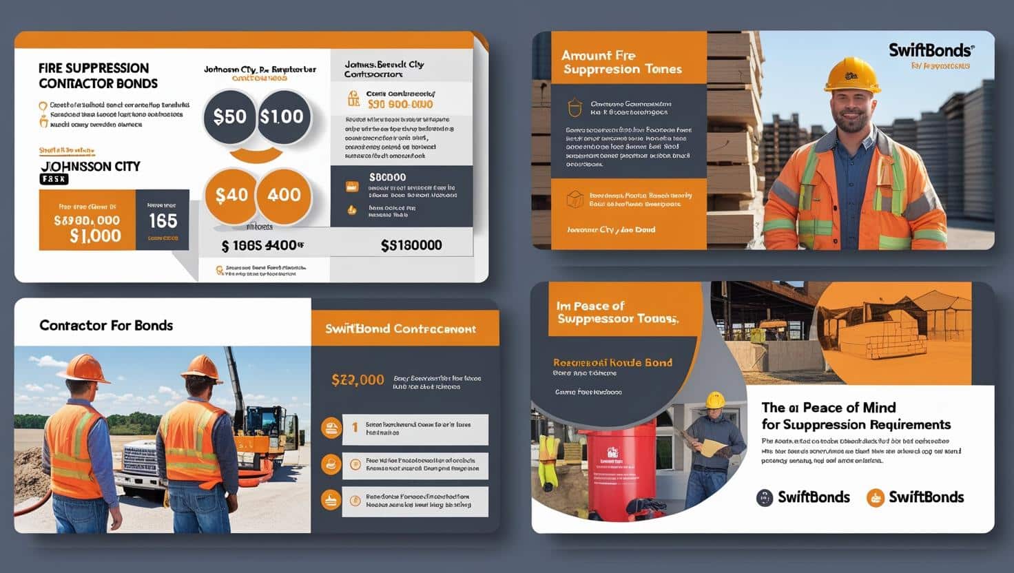 Infographic and contractor visuals explaining fire suppression bond requirements with charts, costs, and bonding process in Johnson City, TN.