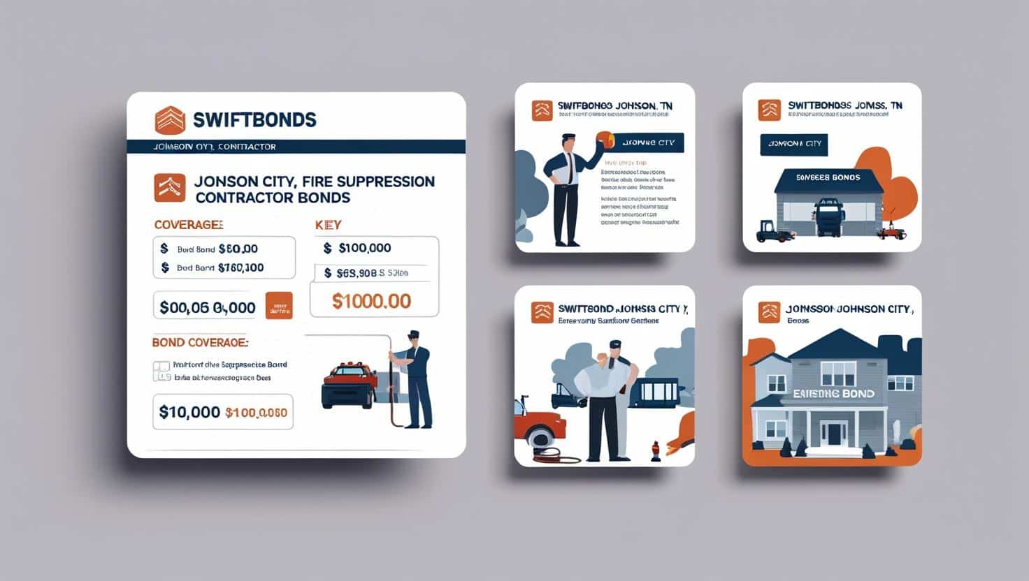 Infographic showing Johnson City, TN fire suppression contractor bond coverage details with illustrations of contractors and bonding requirements.