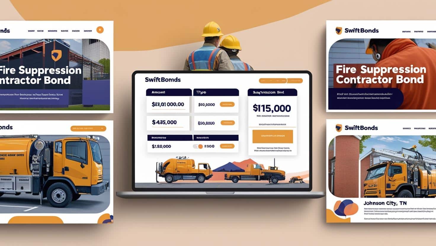 Web-style graphics highlighting SwiftBonds fire suppression contractor bond amounts and bonding process with construction trucks and contractors.