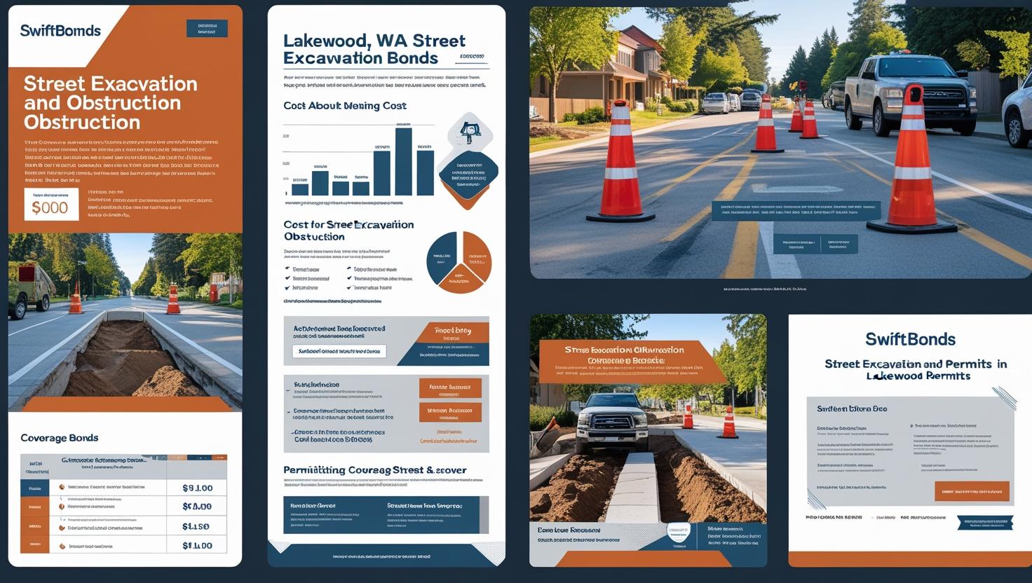 Visual layouts highlighting Lakewood, WA Street Excavation Bonds with cost breakdowns, permits, and compliance information.