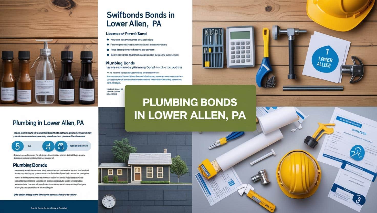 Flat lay of plumbing tools, safety gear, and bond paperwork promoting plumbing bonds in Lower Allen, PA.