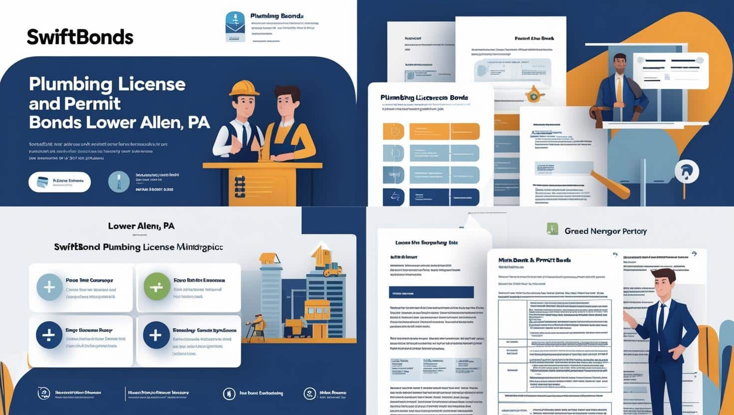 Infographic showing plumbing license and permit bond details for Lower Allen, PA with contractors and bonding documents.